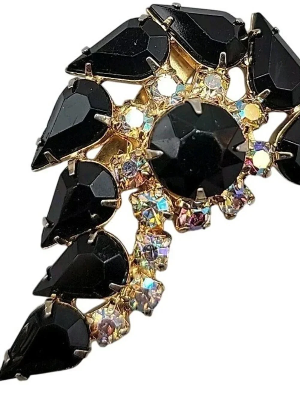 Juliana D&E Black Navette & AB Rhinestone Swirl Brooch Gold Tone Vintage